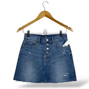 GAP Denim Mini Skirt Button Front Distressed Raw Hem Casual Blue‎ Size 0/25P